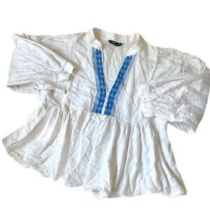 Banana Republic Cream and Blue Embroidered Boho Puff Sleeve Flowy Blouse Medium
